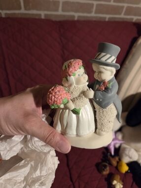 Department 56 Snowbaby Pink and Gray Bride & Groom Cake Topper Or Figurine